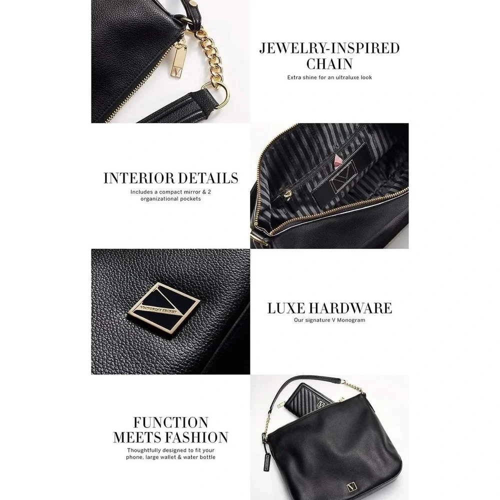 The Victoria Secret Black Pebbled Faux Leather Hobo Shoulder Bag Satchel Tote